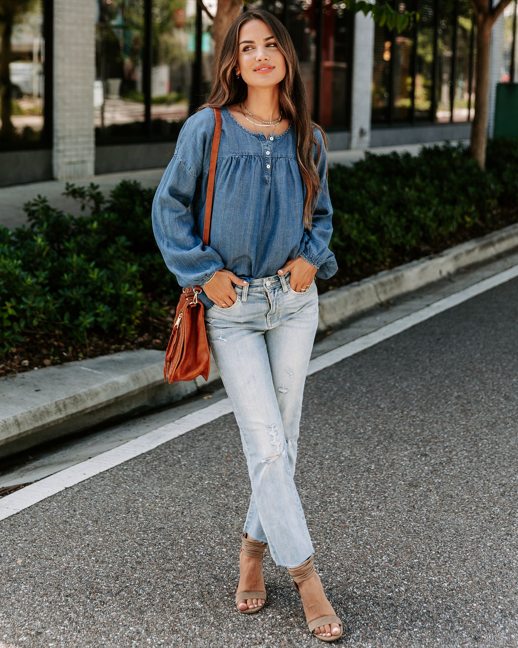Blue Crew Chambray Henley Tencel Top - SALE