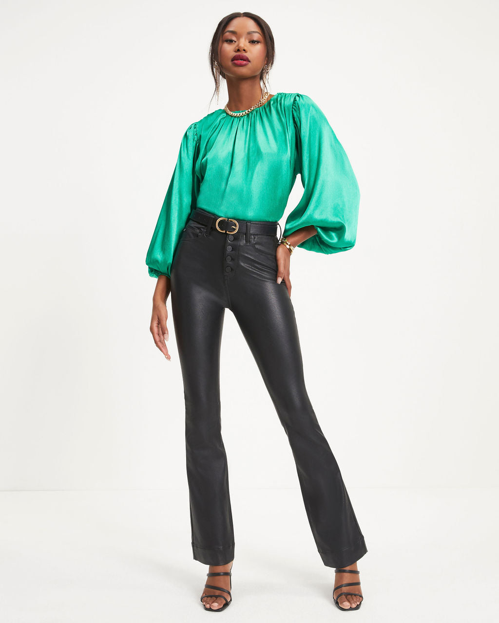 Perfect Timing Satin Balloon Sleeve Top - Green