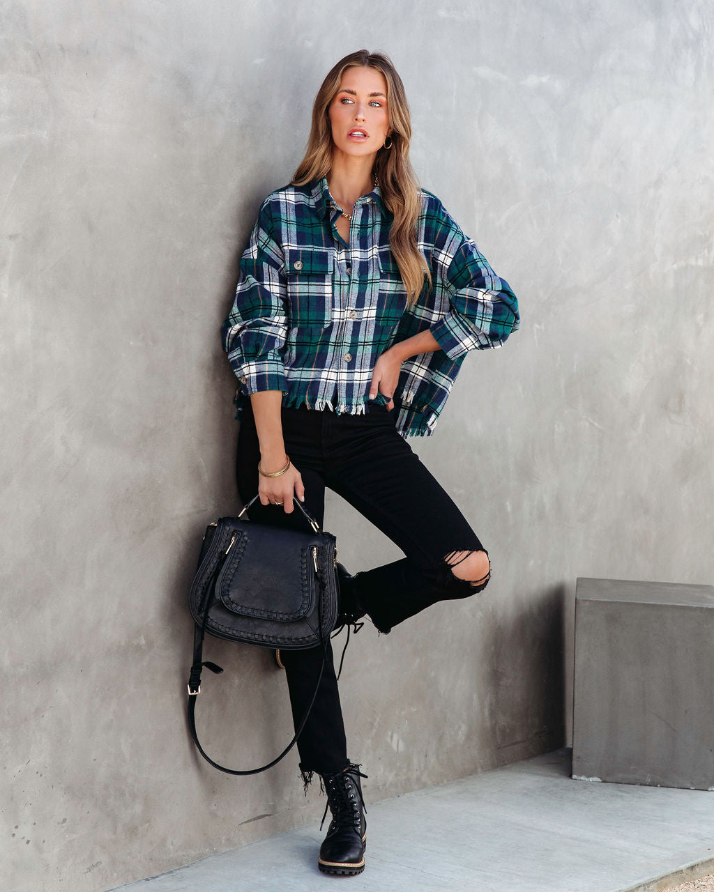 Sporadically Cool Plaid Frayed Button Down Top