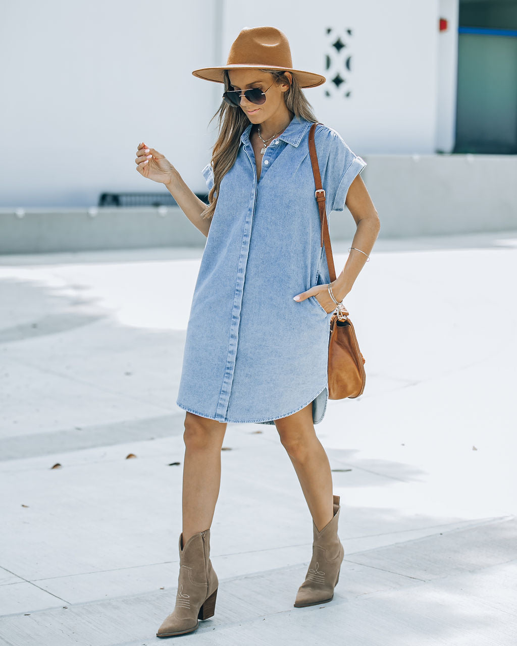 Chelsea Pocketed Denim Button Down Shirt Dress