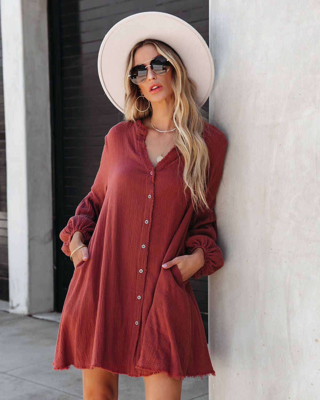 Blakeley Cotton Pocketed Button Down Shirt Dress - Clay