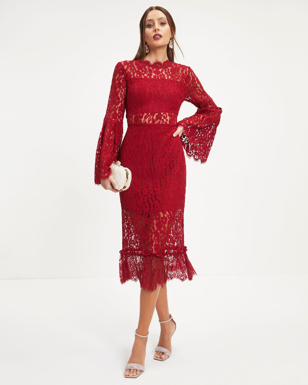 Love Story Baby Lace Bell Sleeve Midi Dress - Wine