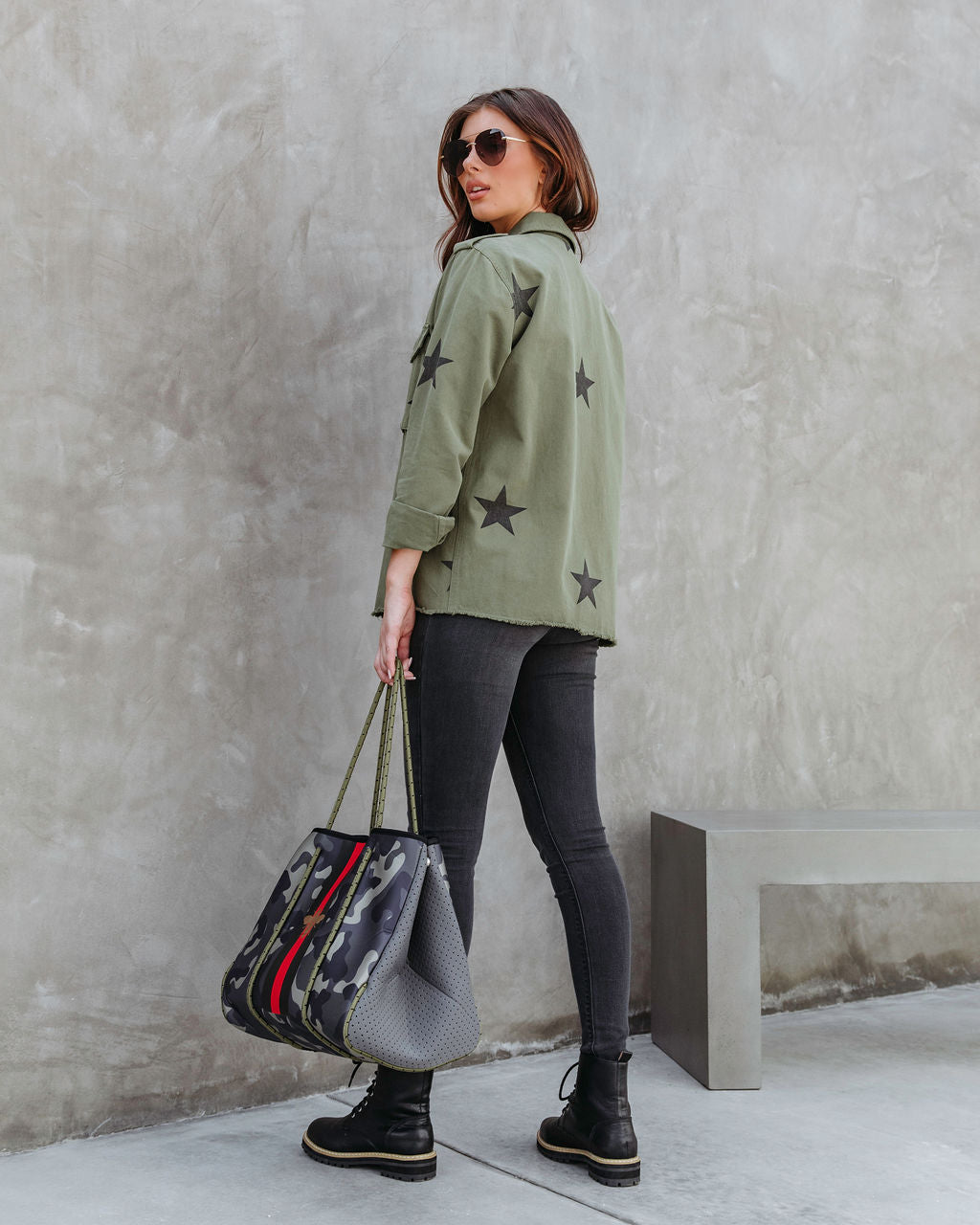 All Aligned Frayed Star Jacket - Olive