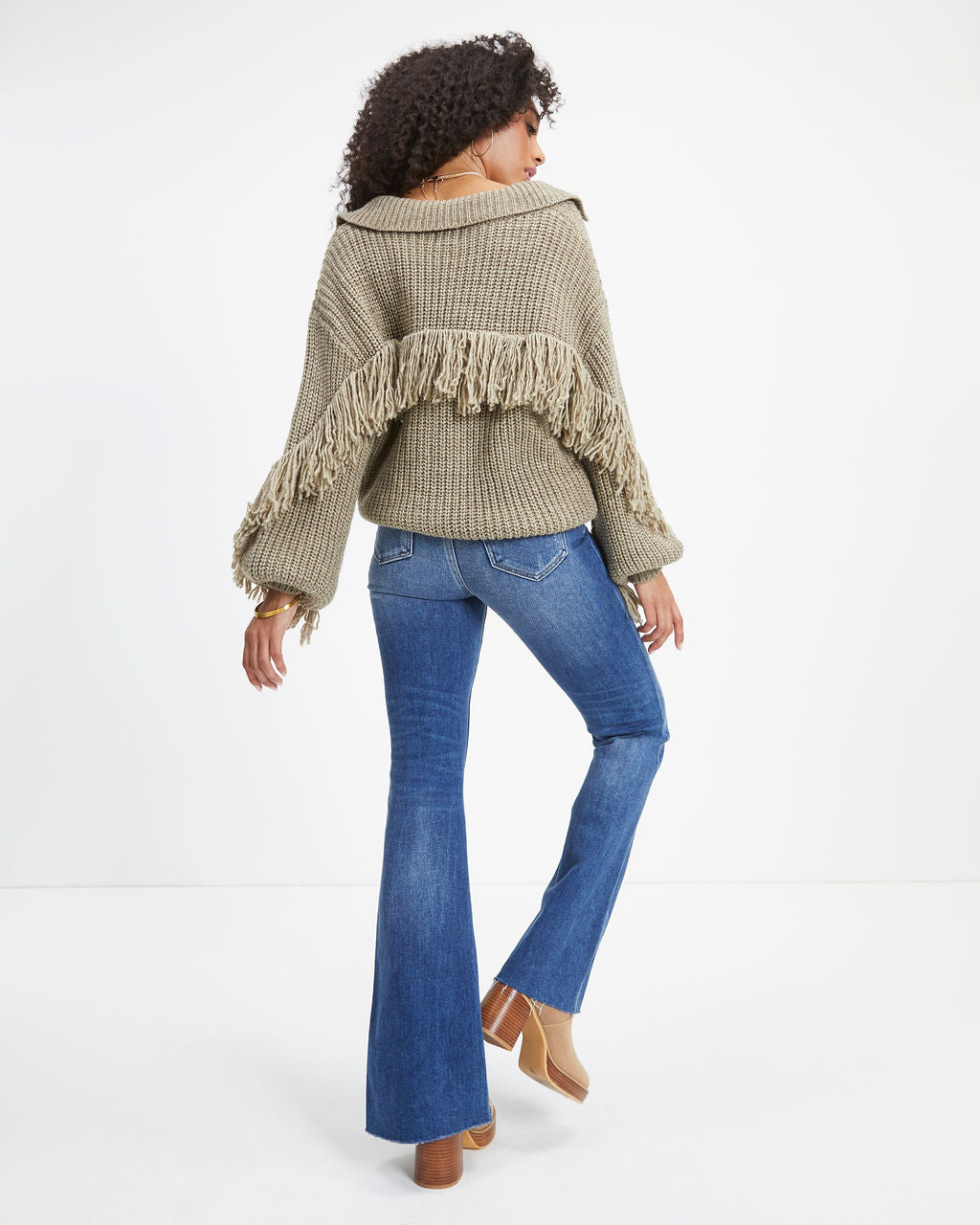 Jordana Knit Fringe Collared Cardigan - Dusty Sage
