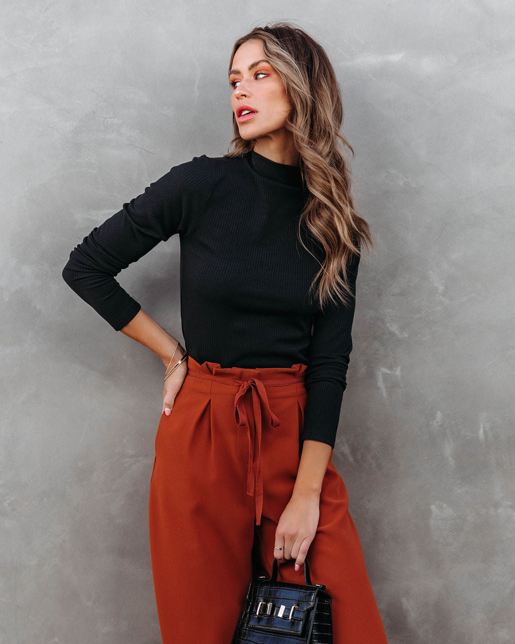 Never Average Mock Neck Ribbed Long Sleeve Top - Black