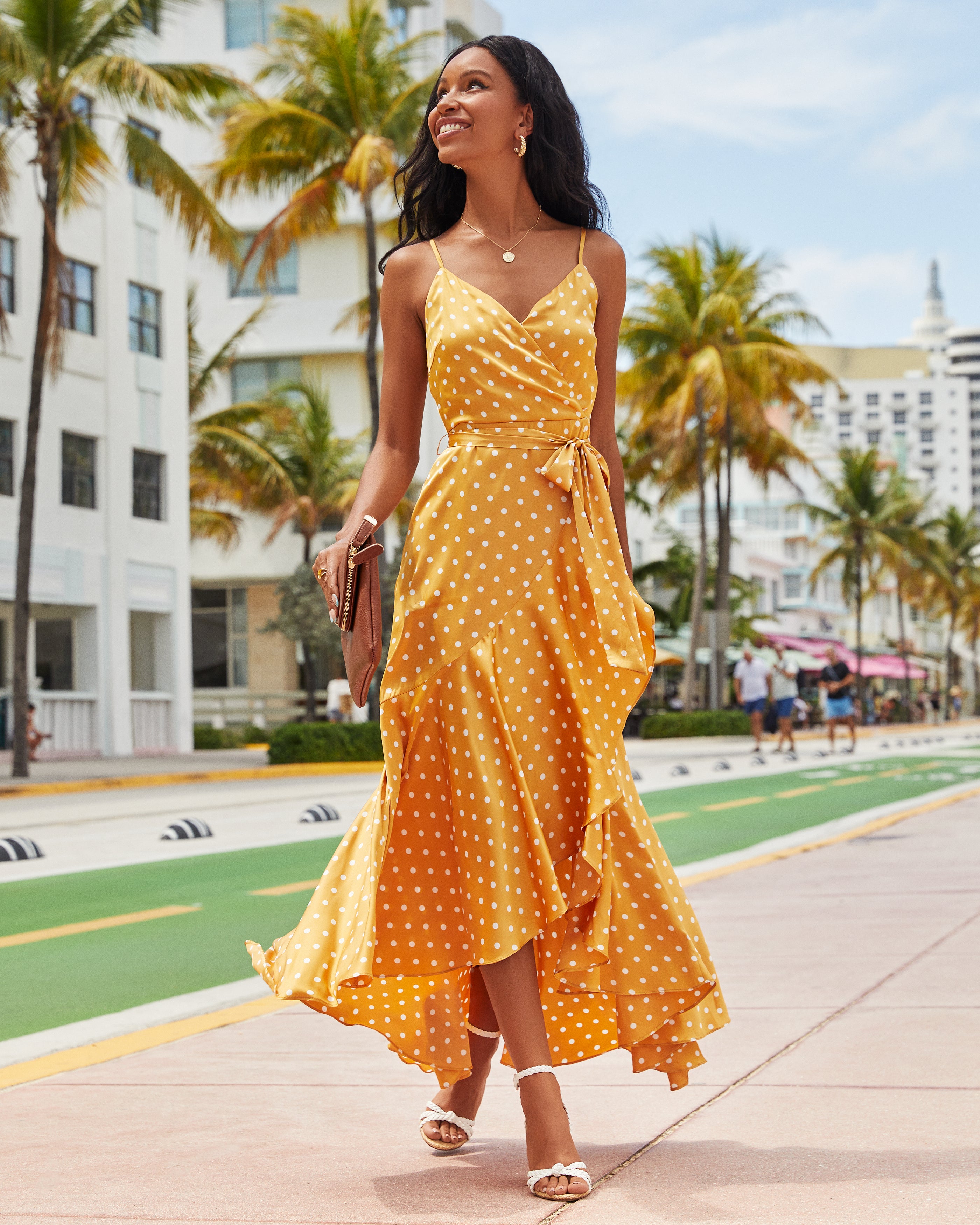 Claribella Satin Polka Dot High Low Maxi Dress - Mustard - FINAL SALE