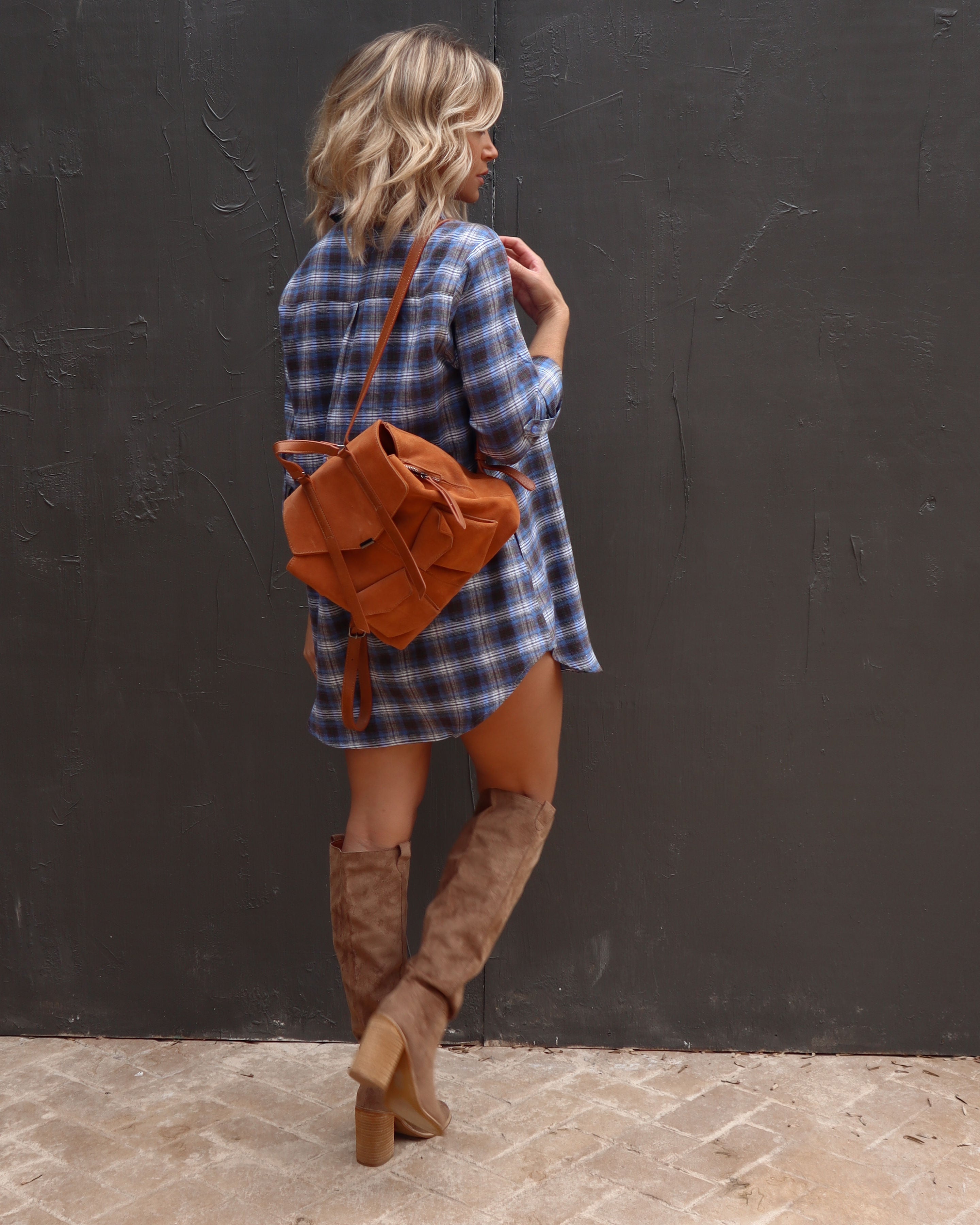 Averie Plaid Pocketed Shirt Dress - Blue