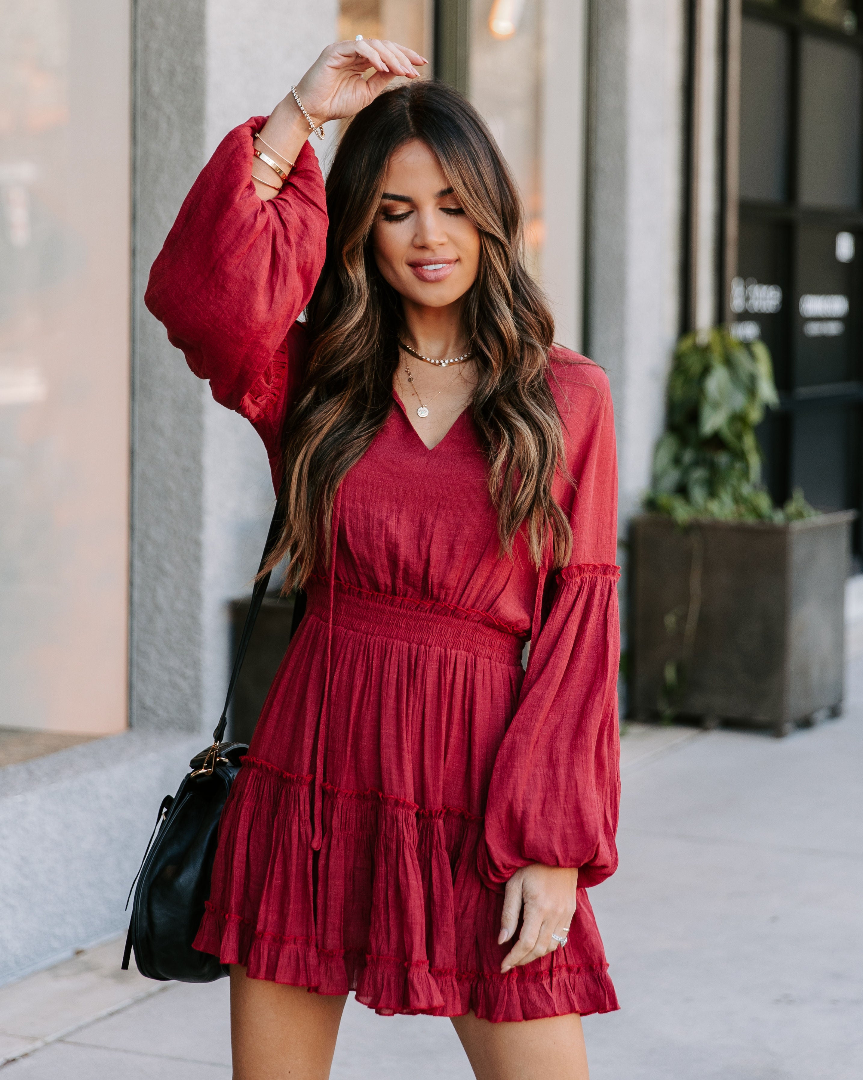 Run Free Babe Tiered Balloon Sleeve Mini Dress - Wine