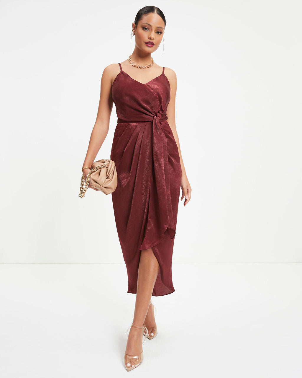 Token Of Gratitude Satin Midi Tie Dress - Wine