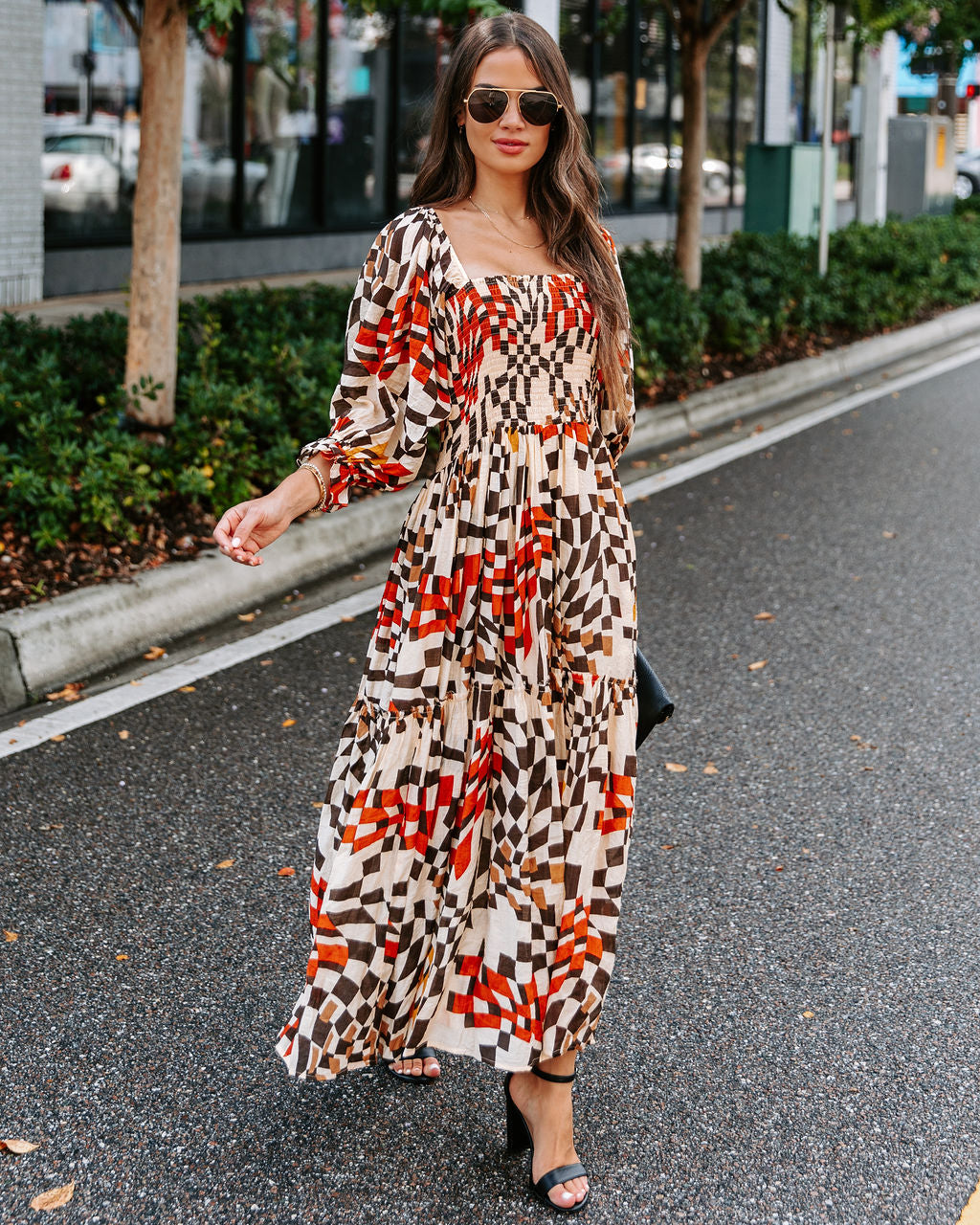 Faye Printed Pocketed Smocked Midi Dress