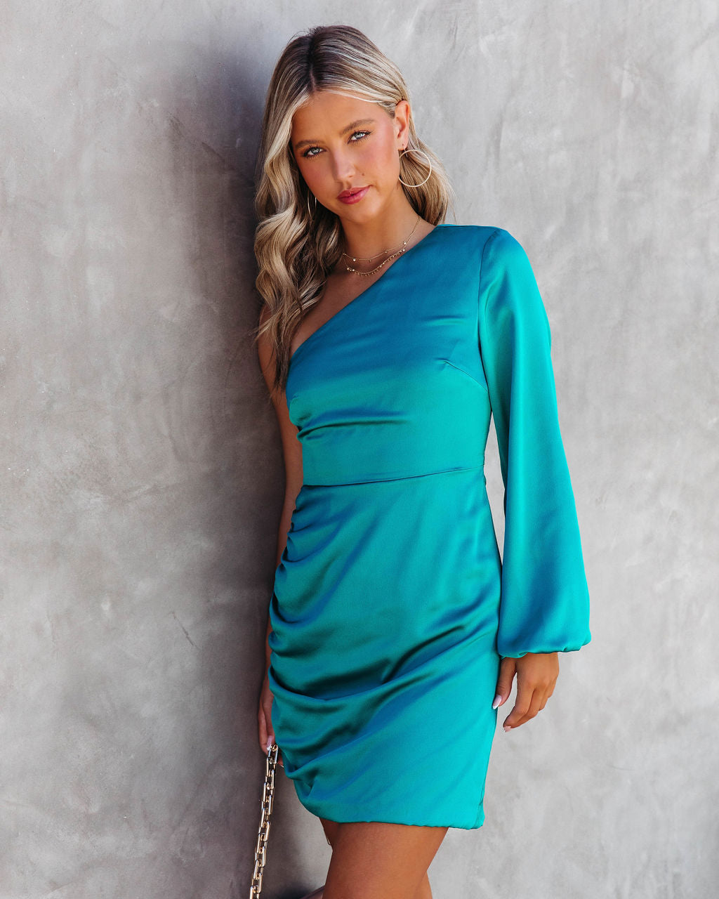 Venus Satin One Shoulder Mini Dress - Teal - FINAL SALE