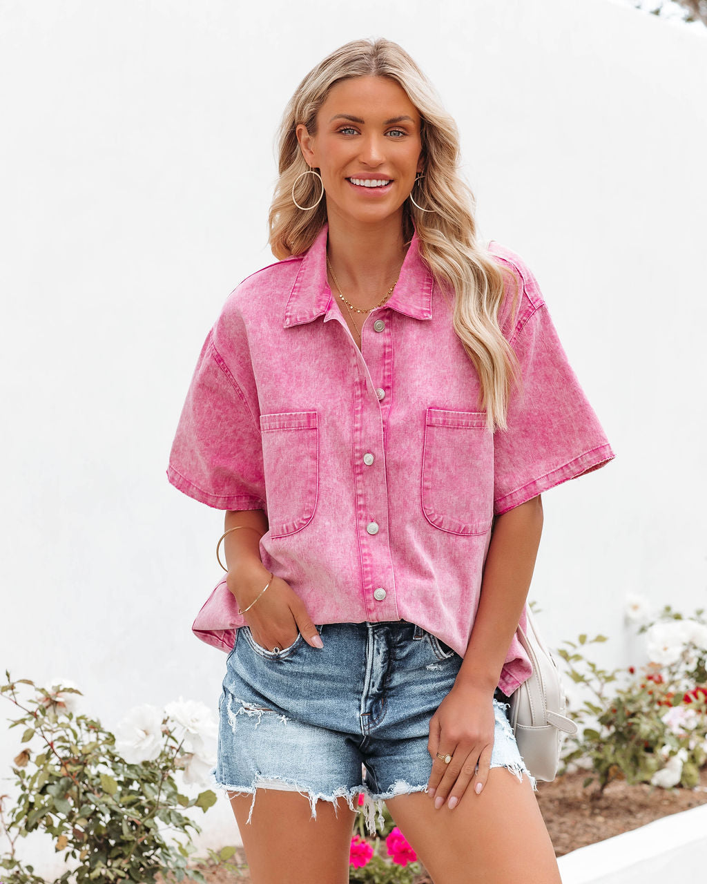 Ringo Cotton Pocketed Button Down Top - Pink - FINAL SALE