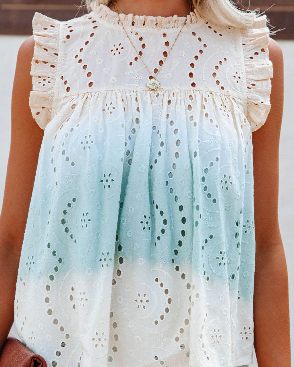 Eliya Cotton Eyelet Dip Dye Babydoll Top - Peach Blue - FINAL SALE