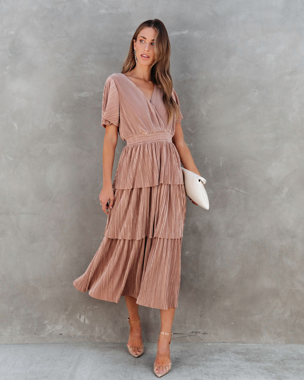 Perfect For Me Plisse Tiered Midi Dress - Mauve