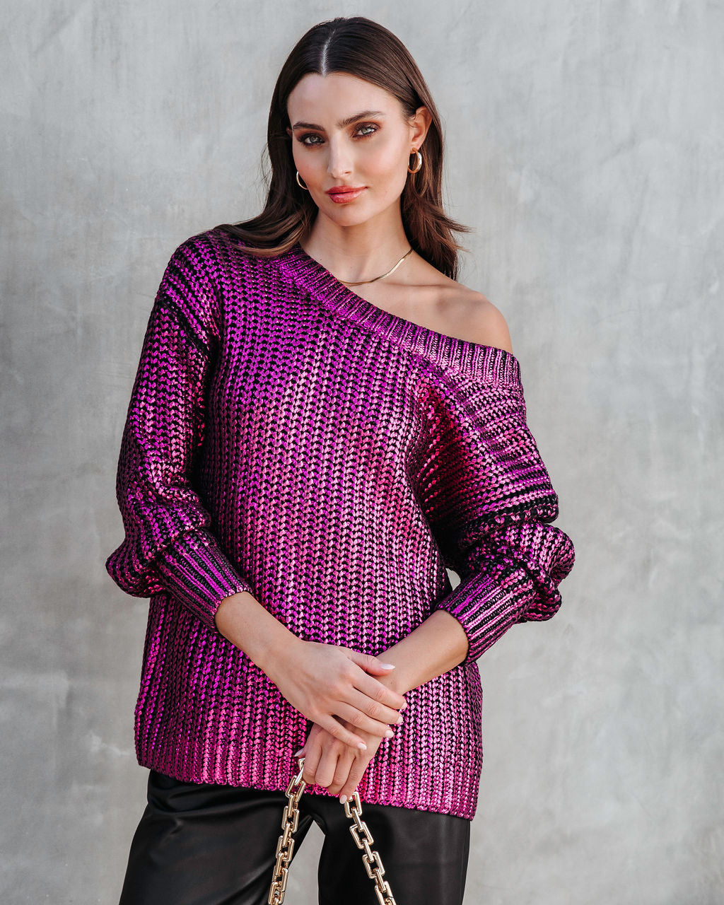 Delightful Cheer Metallic Knit Pullover Sweater - Hot Pink