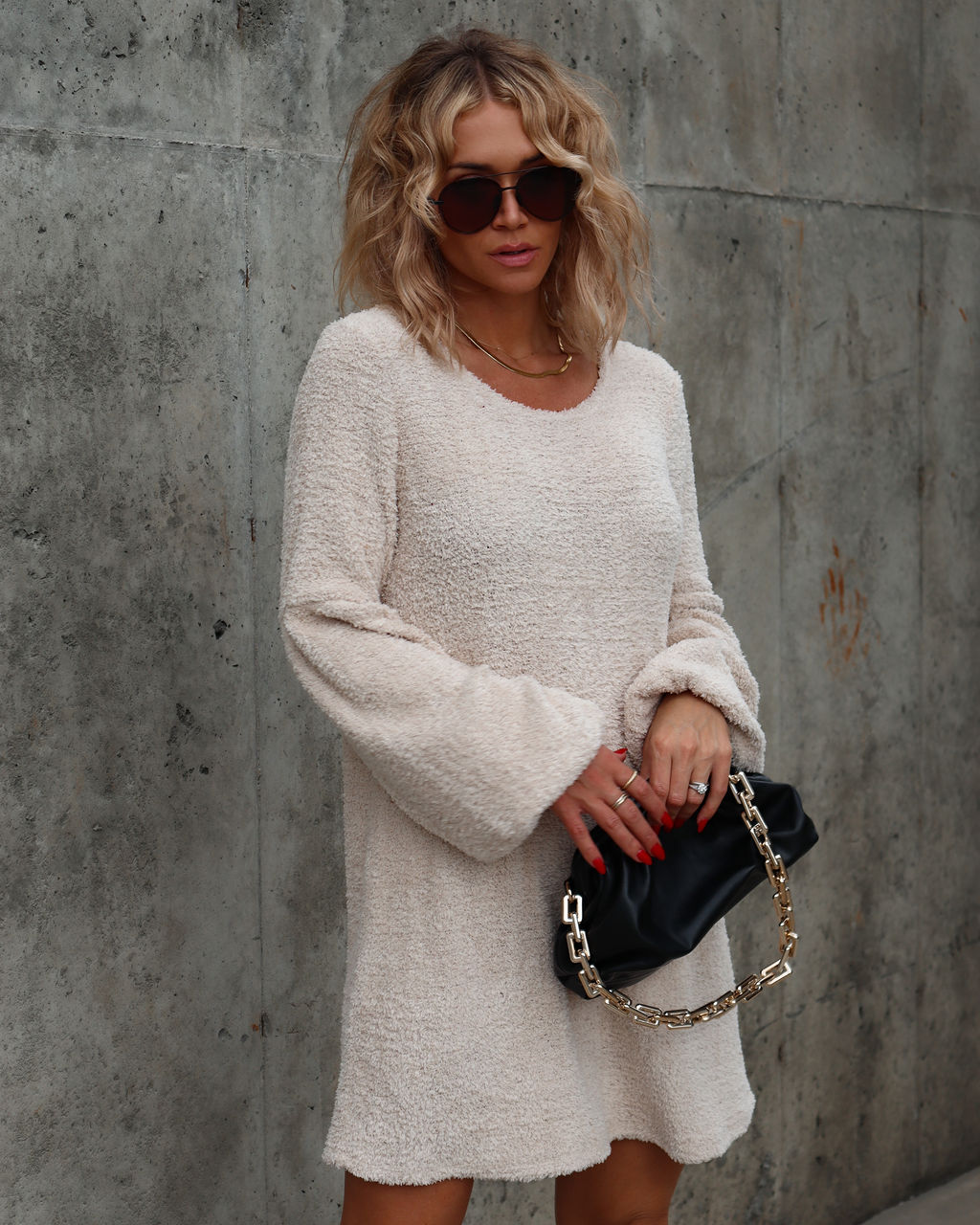 Winter Date Night Chenille Balloon Sleeve Mini Dress - Oatmeal