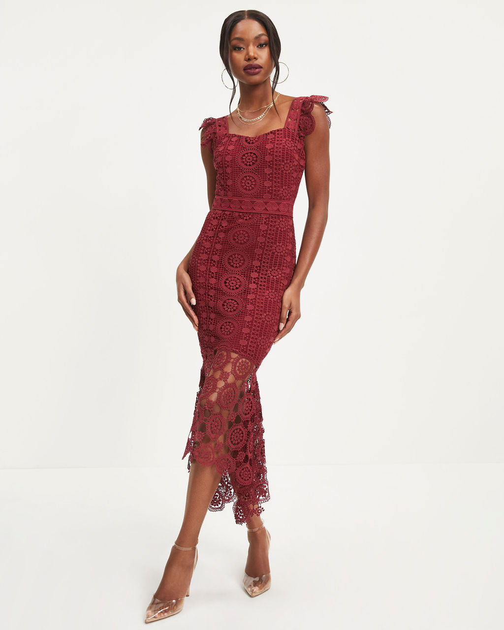 Dare To Be You Crochet Lace Ruffle Midi Dress - Wine