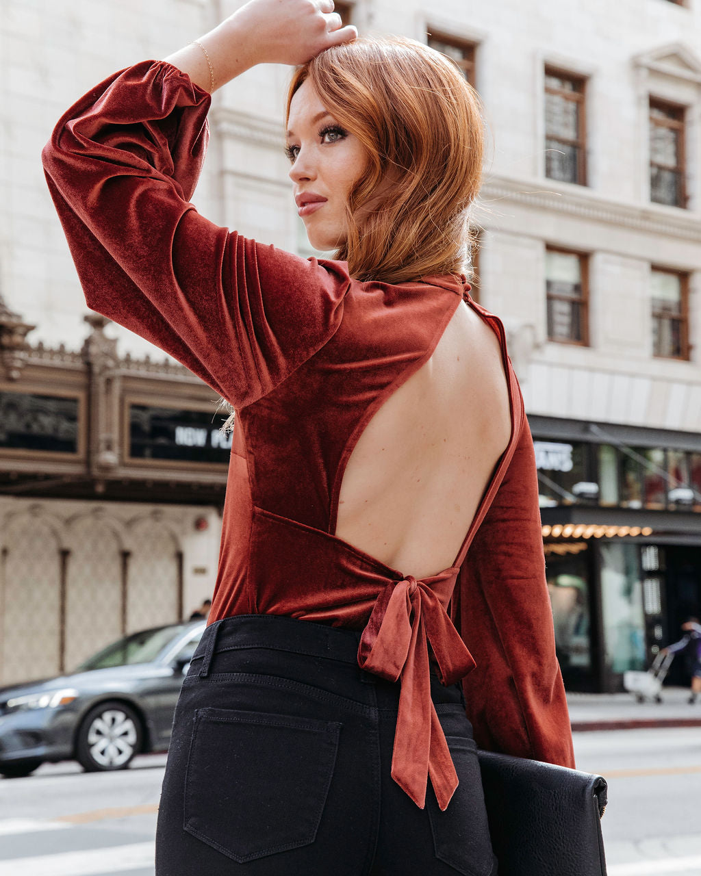 Levels Of Kindness Velvet Back Cutout Top - Rust