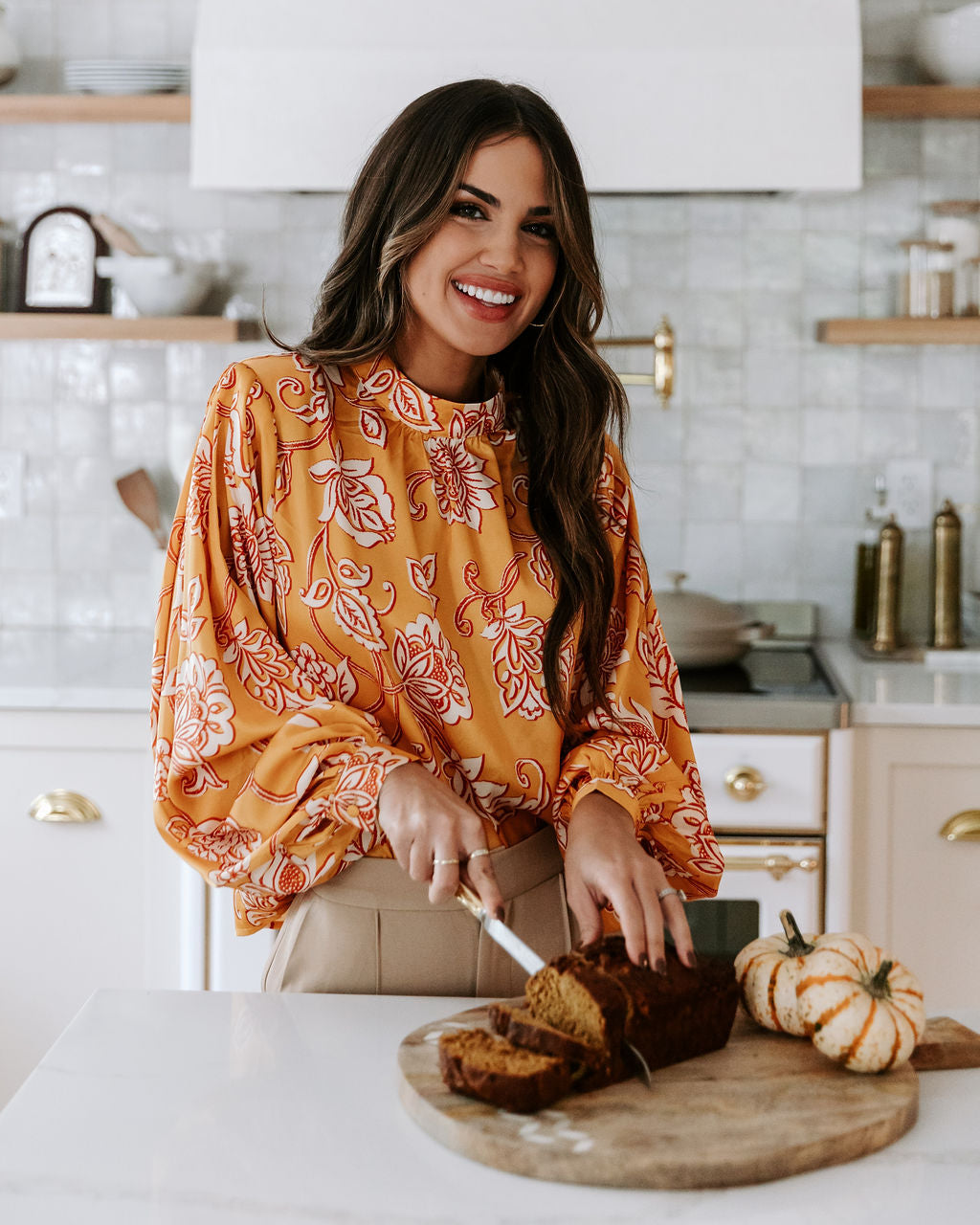 Golden November Floral Padded Shoulder Top - Mustard
