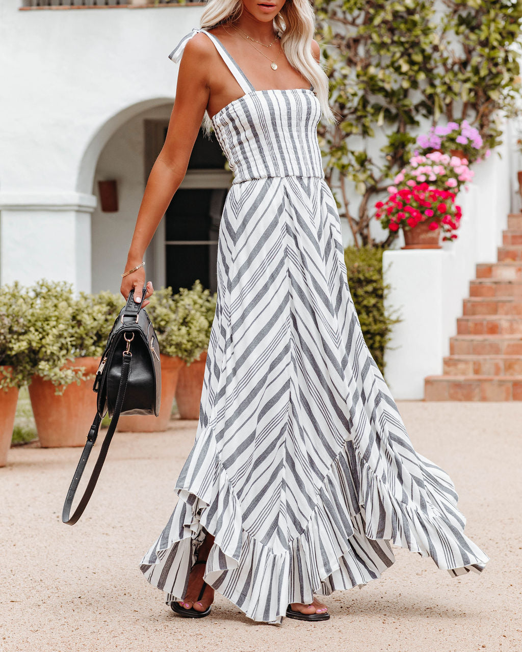 Macklyn Smocked Asymmetrical Ruffle Maxi Dress - Ivory Navy - FINAL SALE