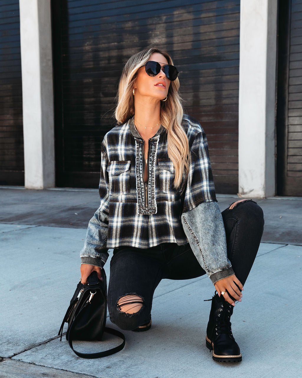 Daria Plaid Contrast Half Zip Top