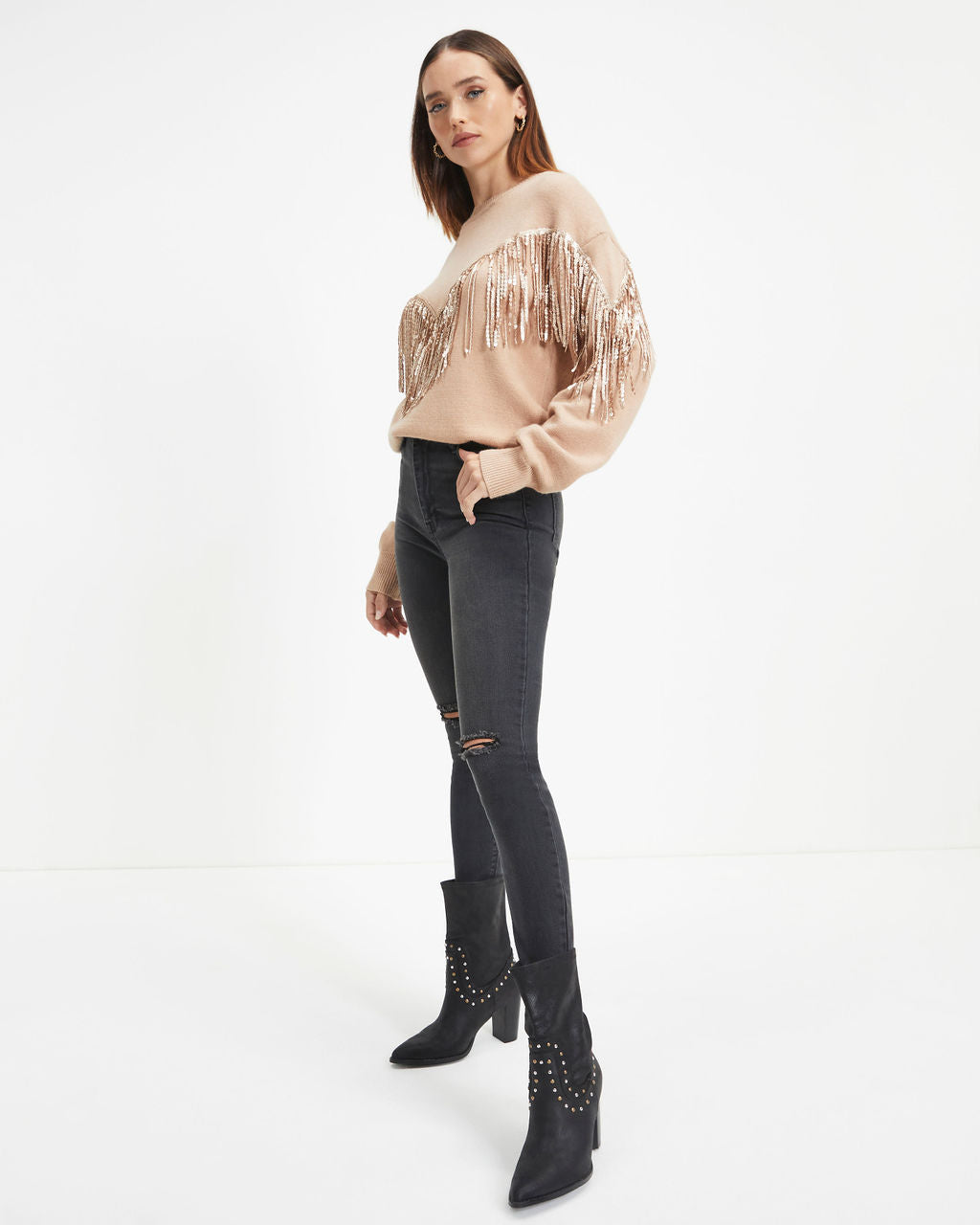 Western Glam Knit Fringe Sequin Pullover Sweater - Mocha