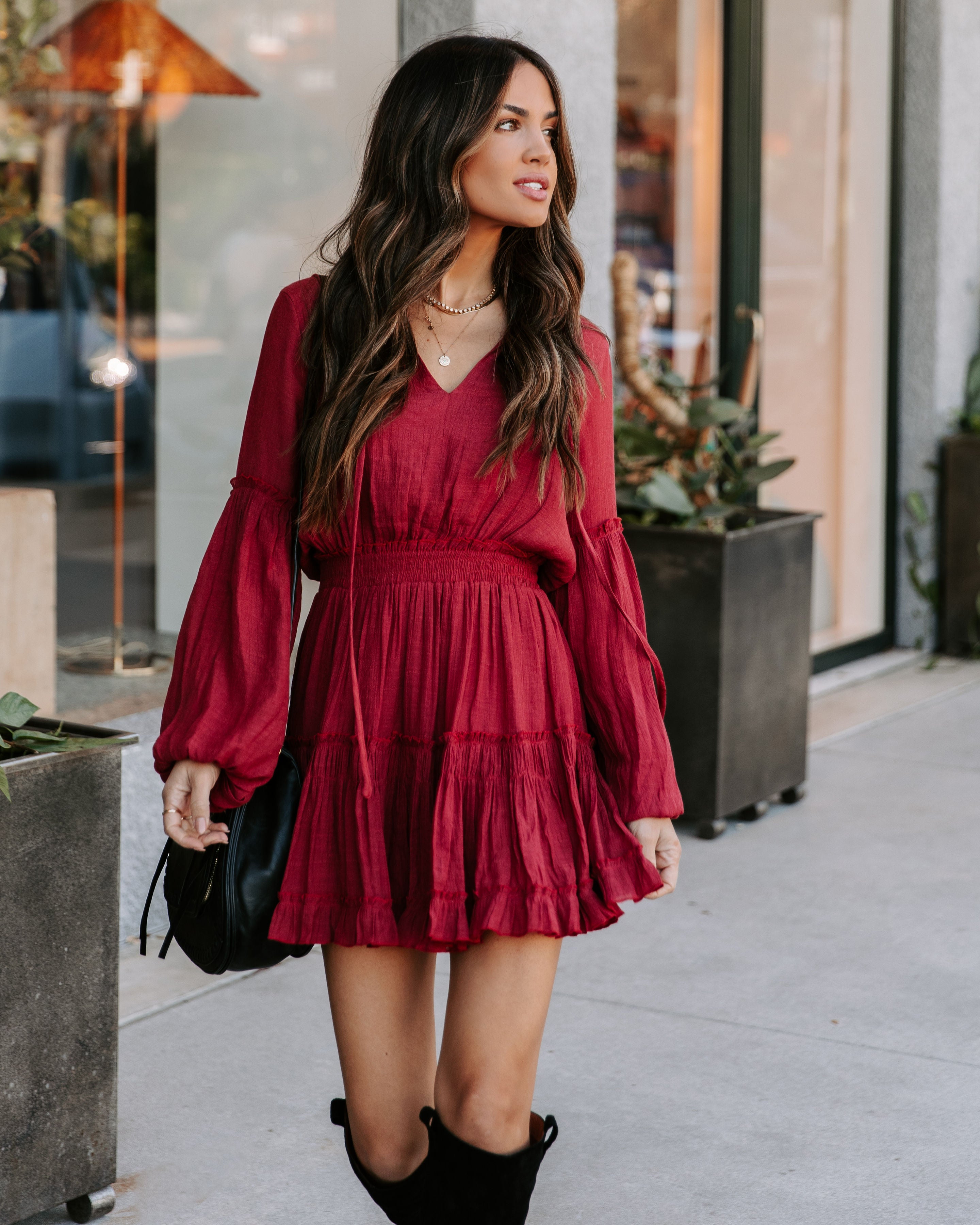Run Free Babe Tiered Balloon Sleeve Mini Dress - Wine
