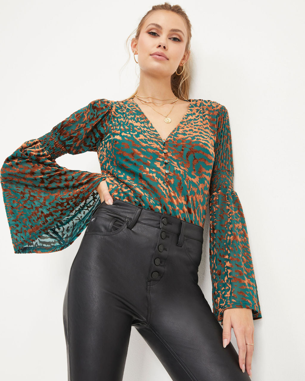 Annalisa Velvet Burnout Bell Sleeve Top - Green