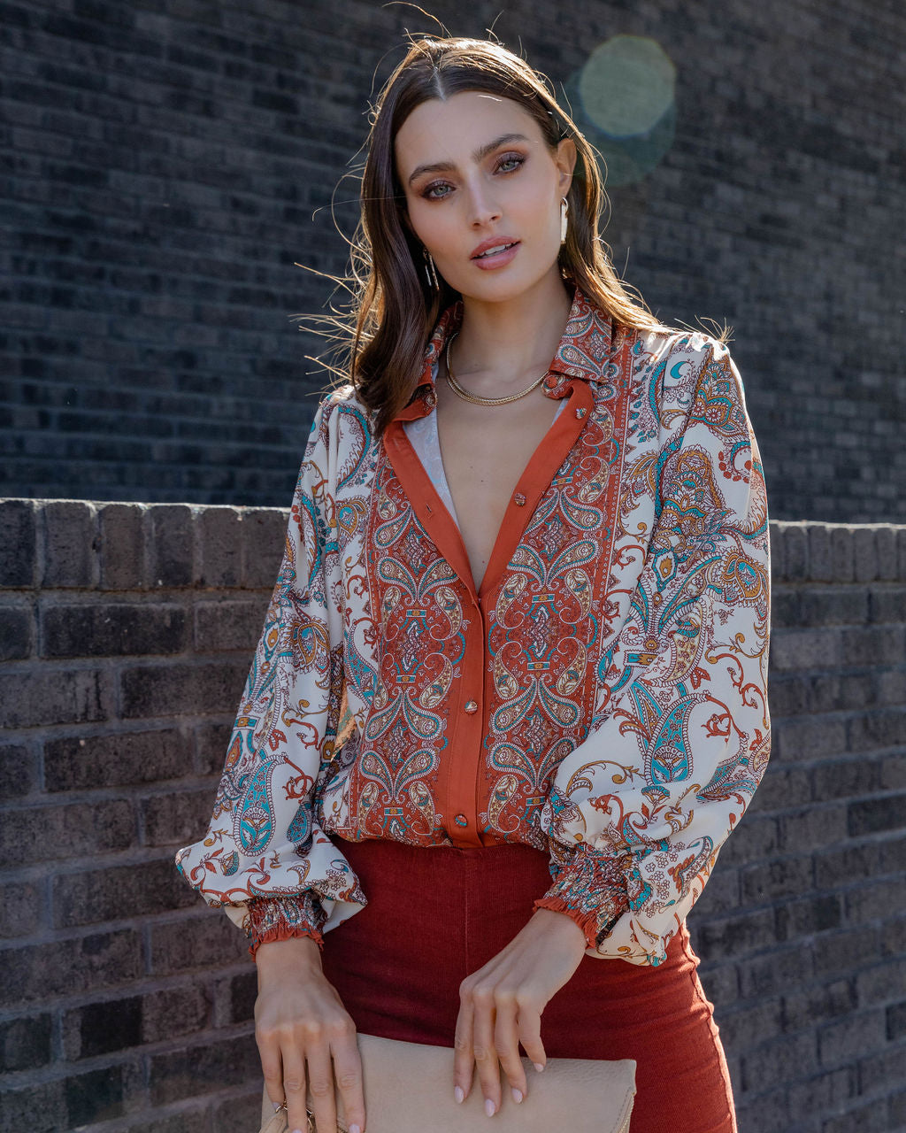 November Skies Printed Balloon Sleeve Top