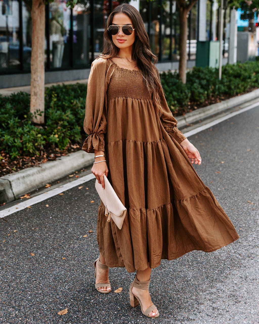 River Pocketed Puff Sleeve Midi Dress - Mocha