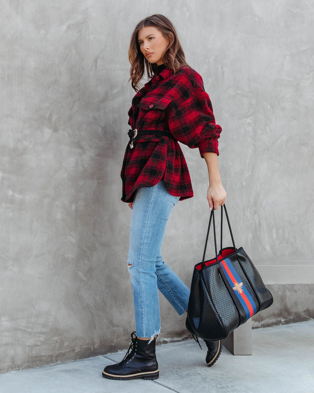 Doug Pocketed Plaid Teddy Jacket
