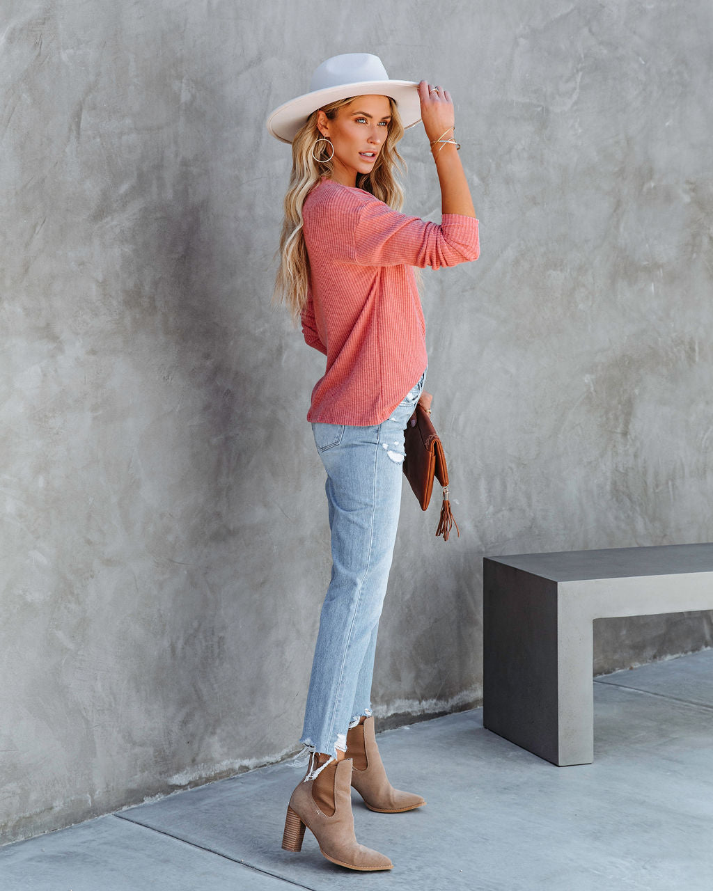 Andria Soft Ribbed Henley Top - Clay