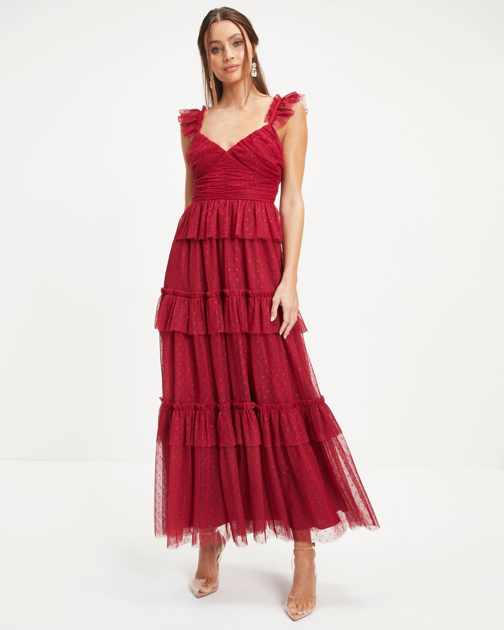 Love Is All We Need Tiered Tulle Maxi Dress - Red