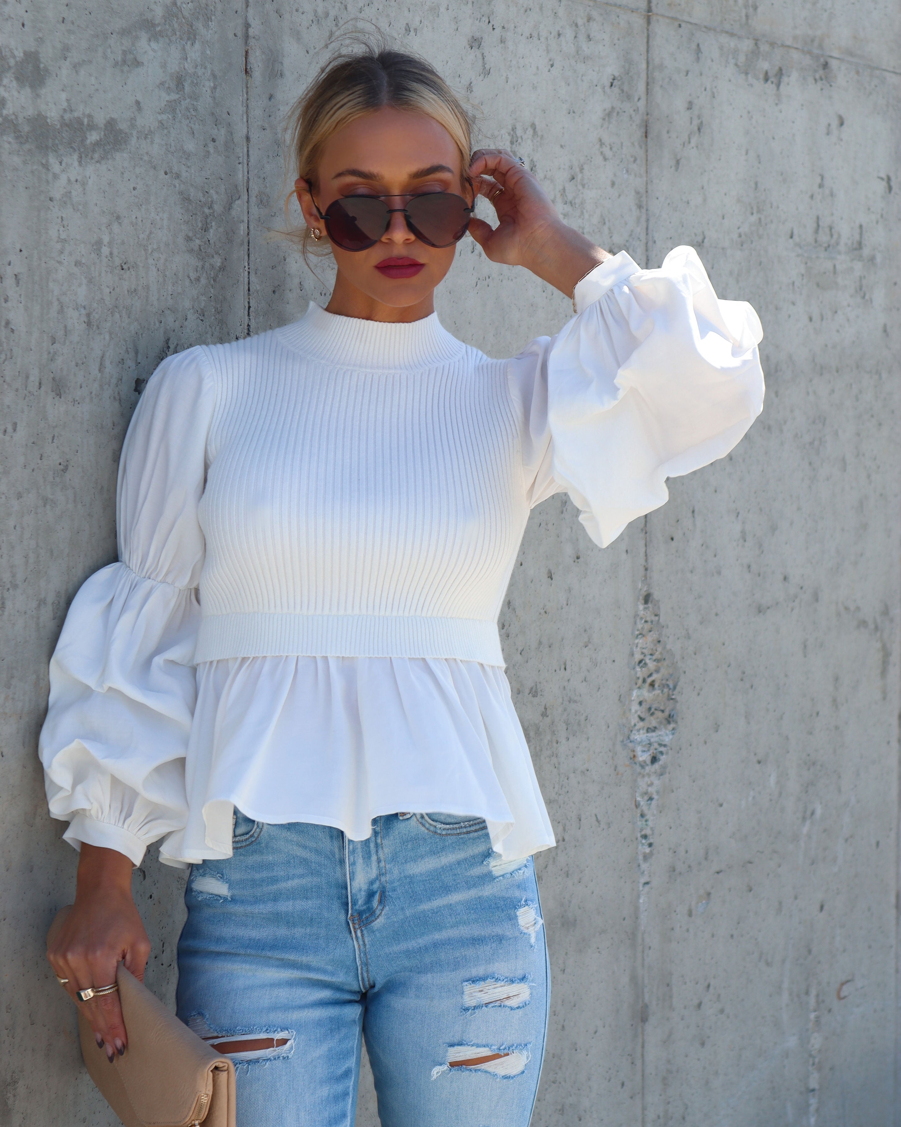 All The Best Contrast Knit Puff Sleeve Top - Ivory