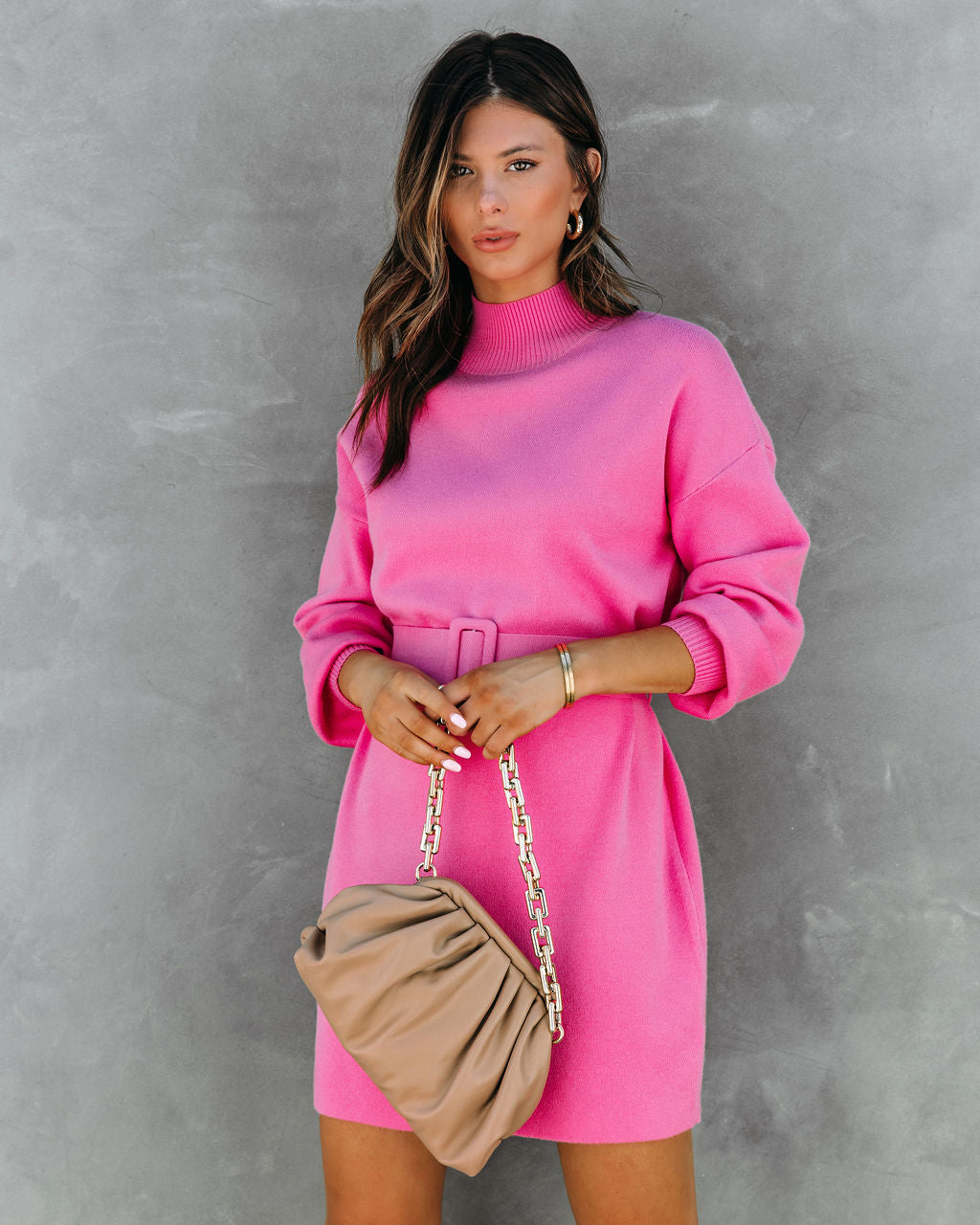 Sophia Mock Neck Belted Sweater Dress - Hot Pink