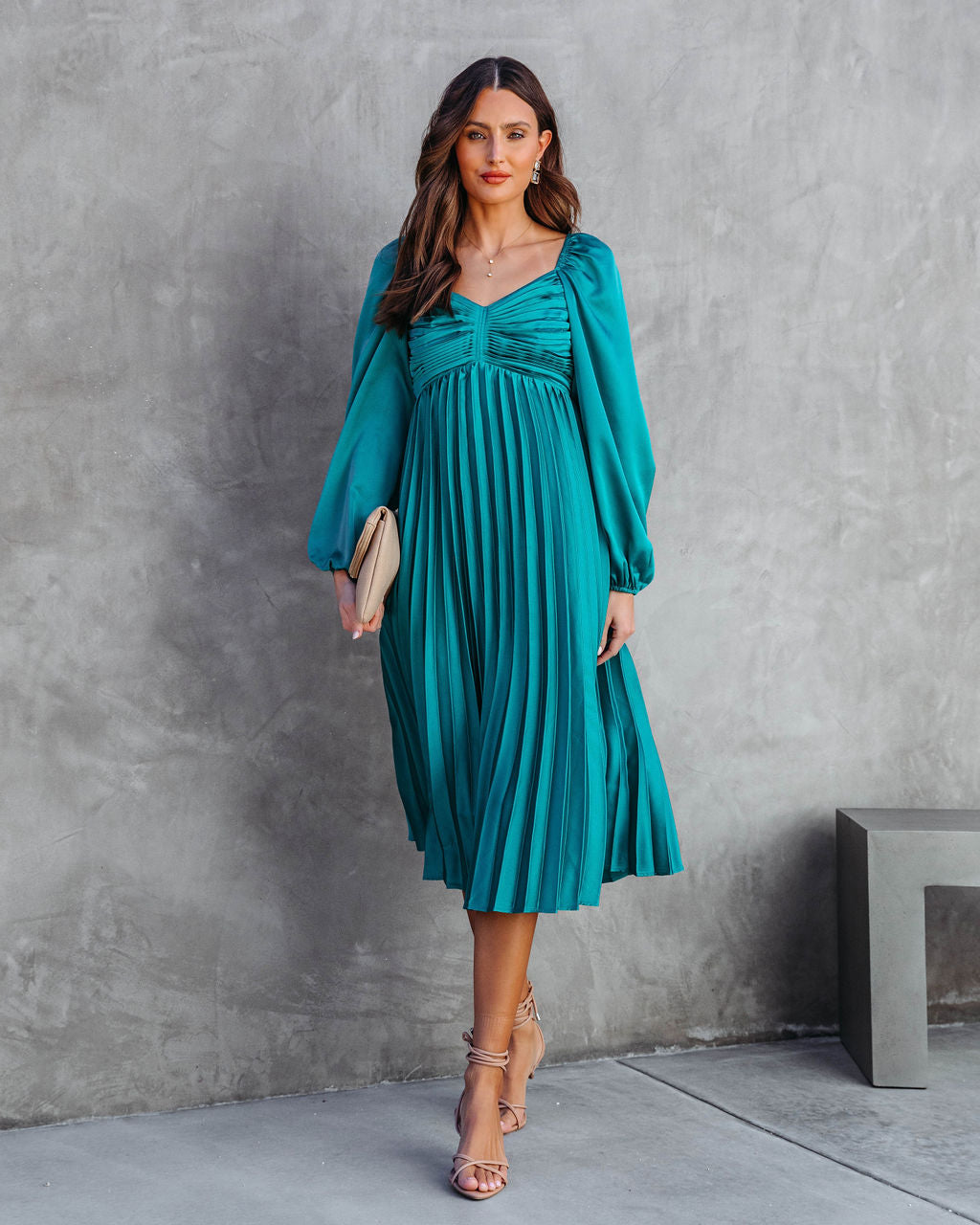 Romantic One Satin Pleated Midi Dress - Emerald