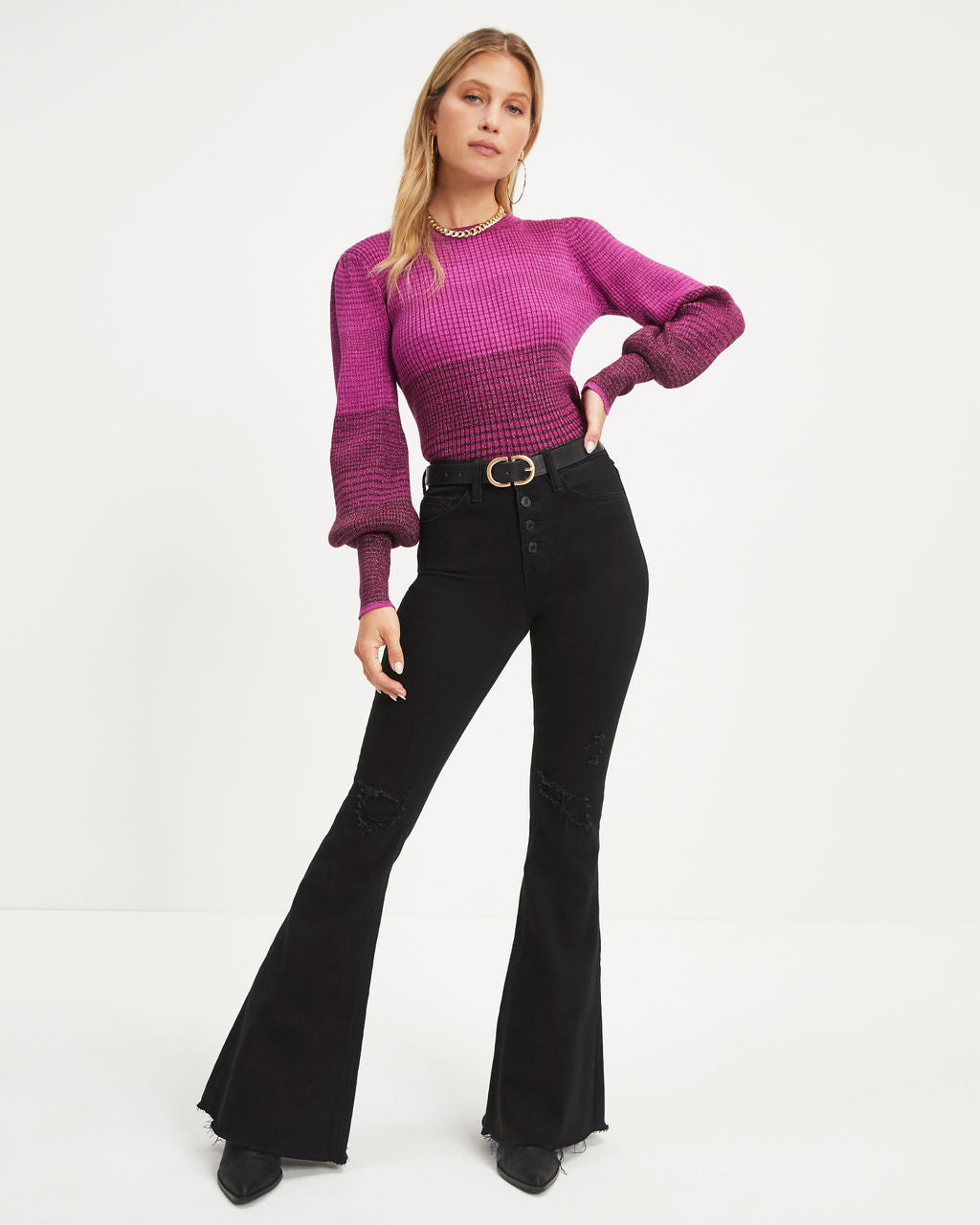 Fall Sunsets Ribbed Balloon Sleeve Pullover Sweater - Plum