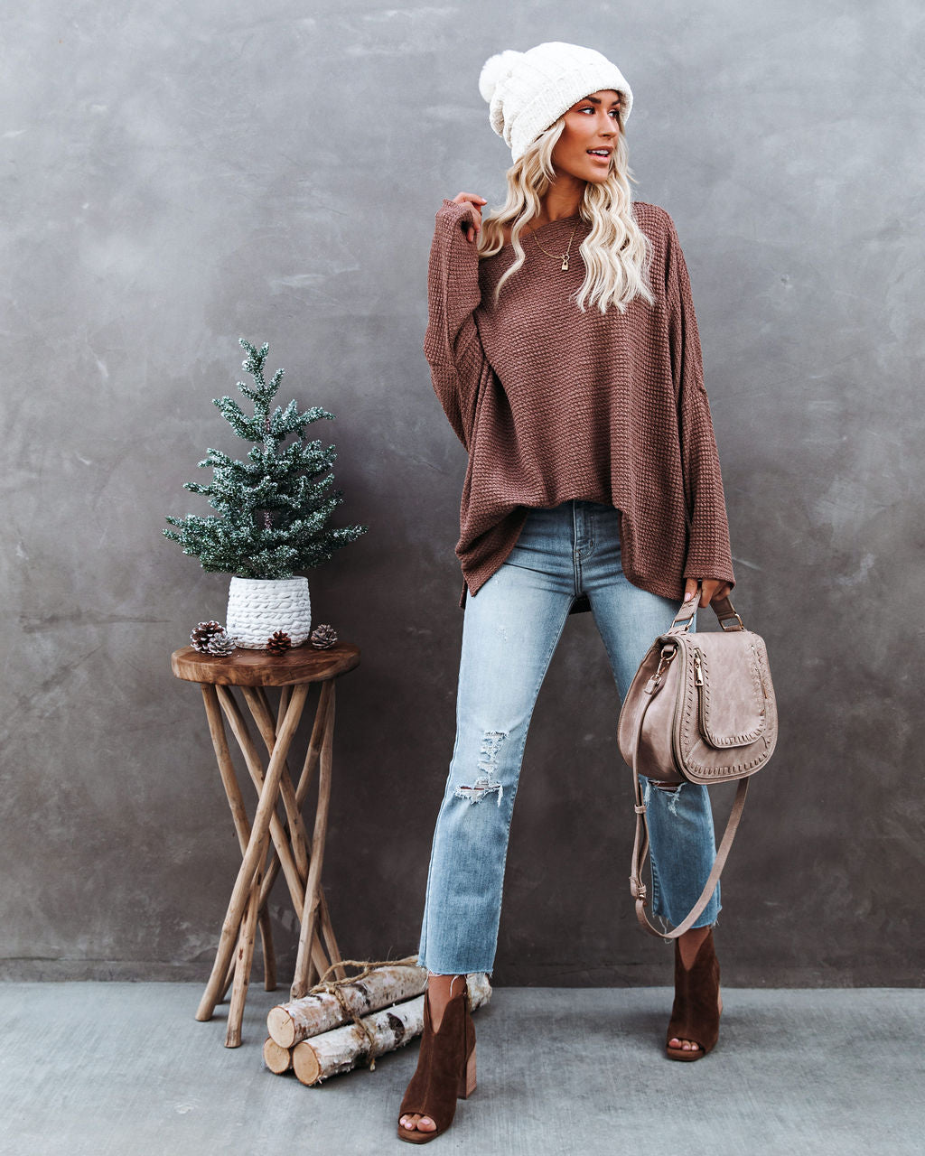 Lovell Boat Neck Thermal Knit Top - Wood