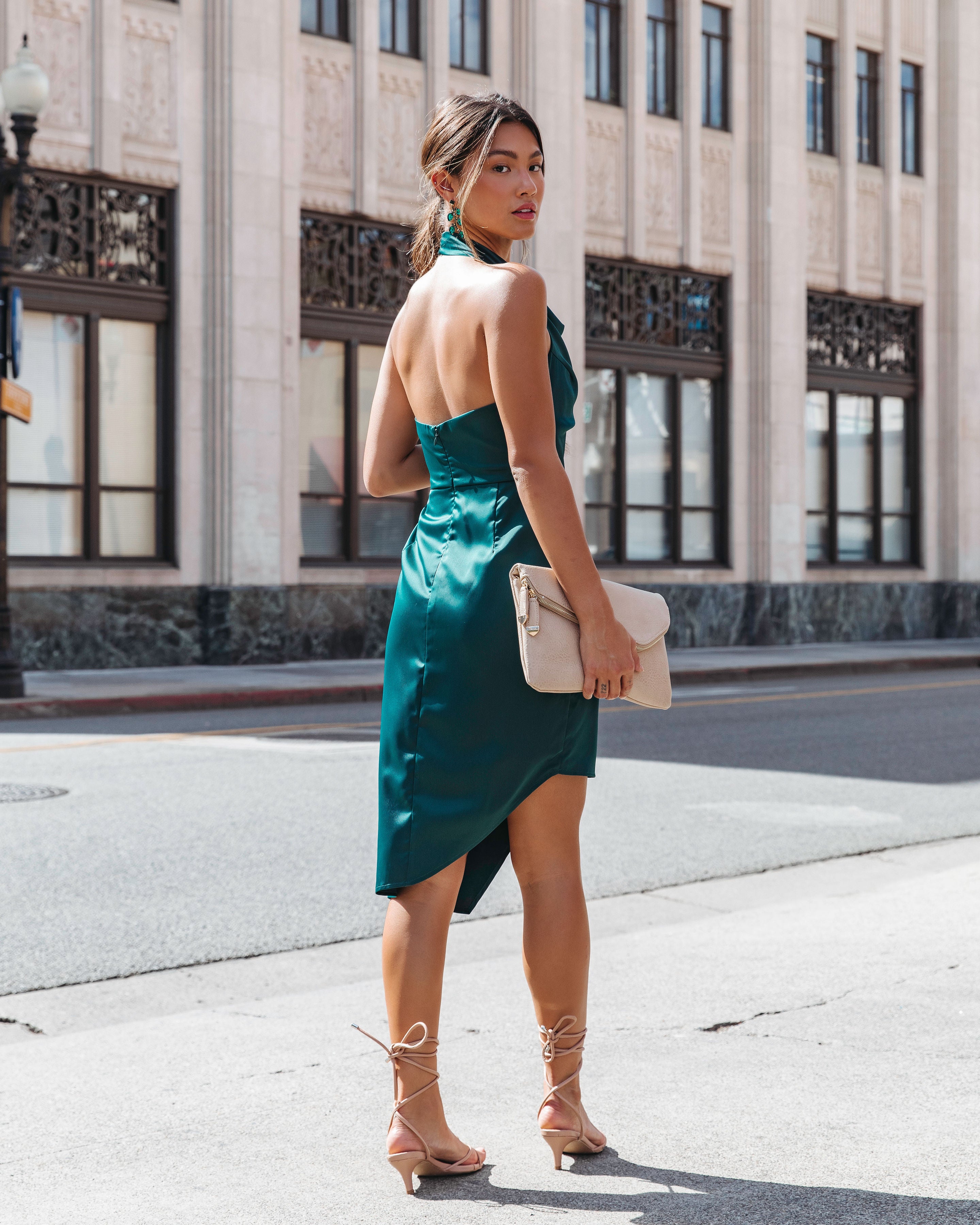 Kendra Satin Halter Cowl Neck Asymmetrical Midi Dress - Hunter Green