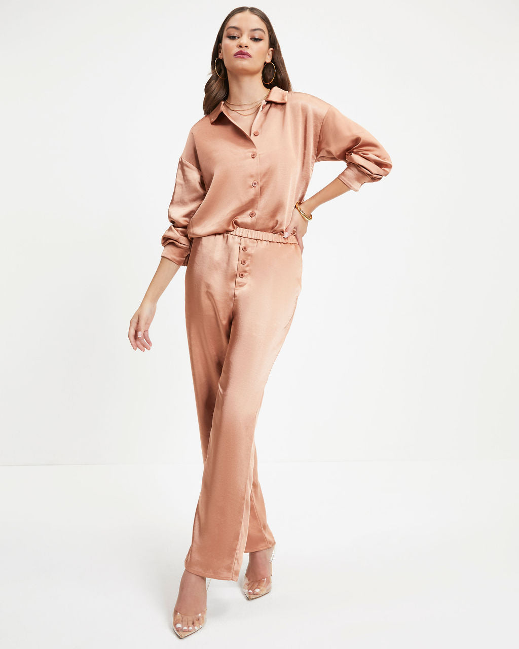 Between The Sheets Satin Button Down Top - Dusty Copper