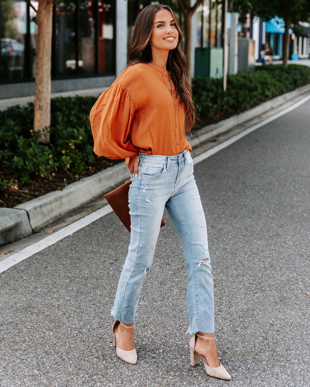 Asher Balloon Sleeve Button Down Top - Clay - SALE