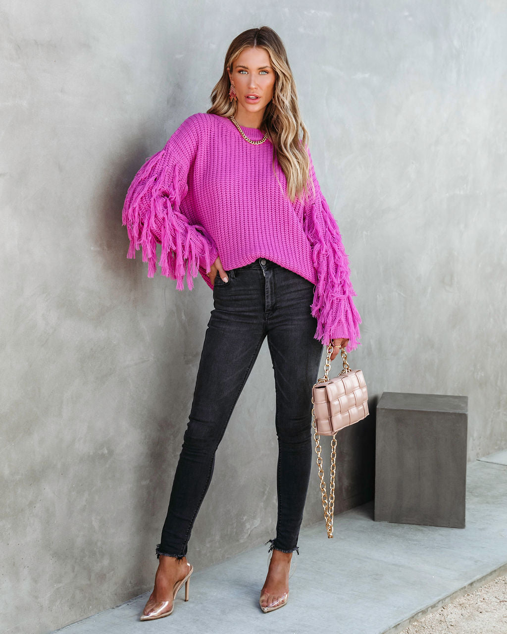 Gabriella Knit Fringe Pullover Sweater- Magenta