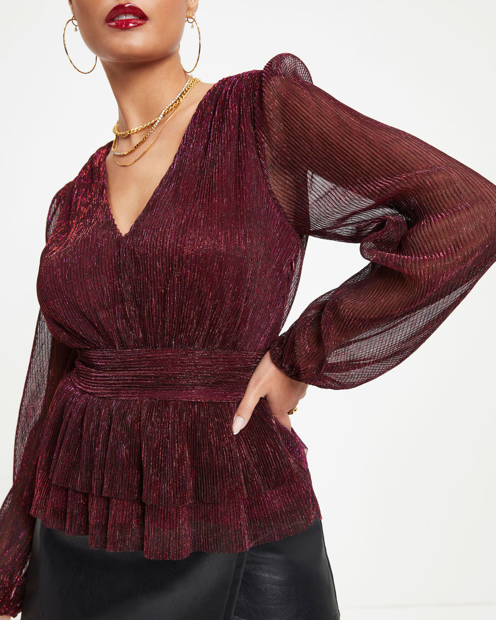 Razzle Dazzle Metallic Plisse Tiered Top - Wine