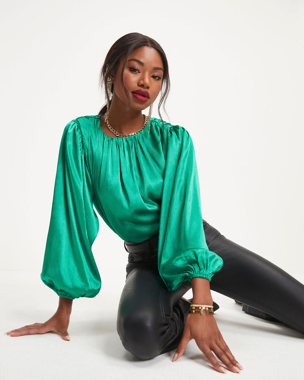 Perfect Timing Satin Balloon Sleeve Top - Green