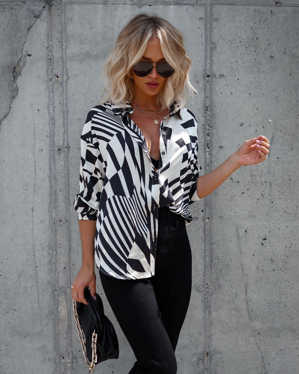 She Was Curious Satin Printed Button Down Top