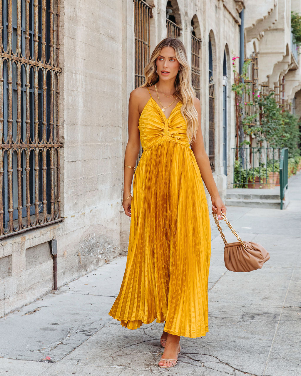 Marilynn Pleated Polka Dot Maxi Dress - Marigold - SALE