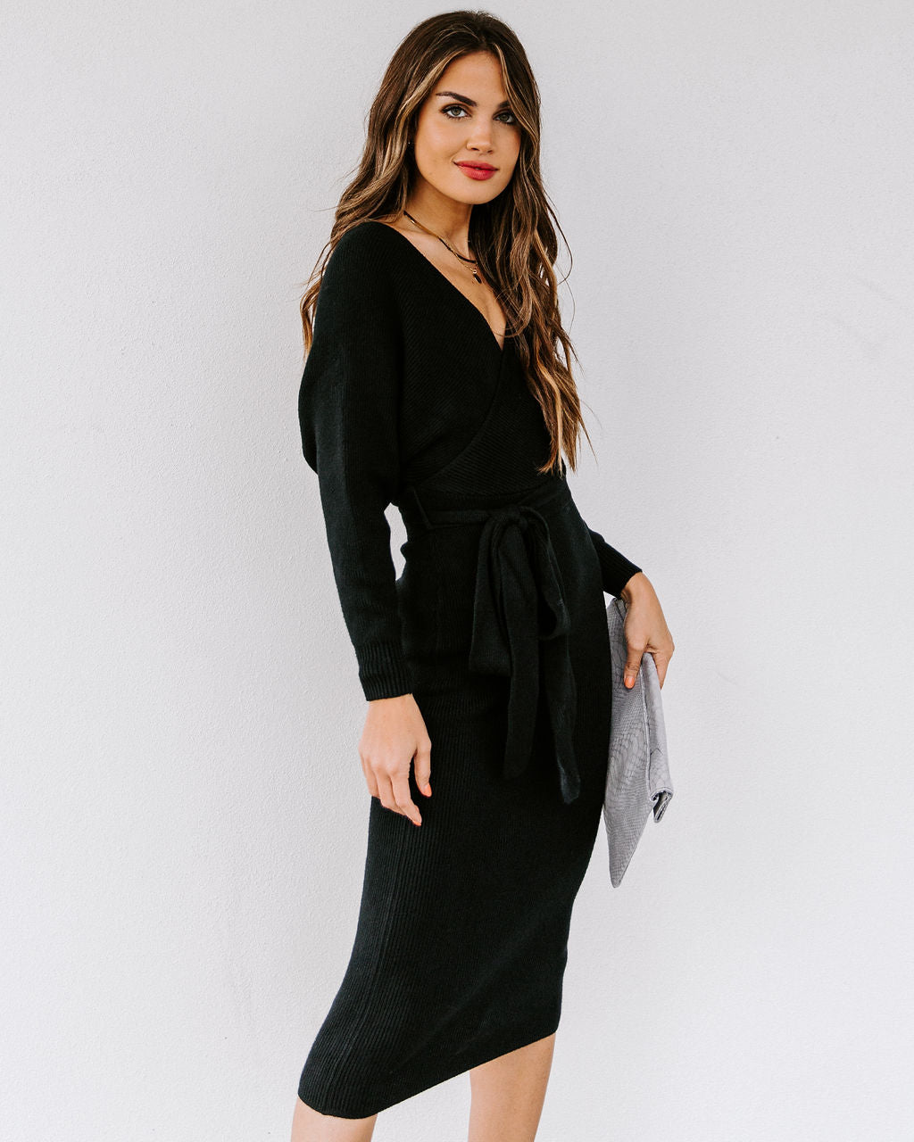 Yara Drape Knit Midi Sweater Dress - Black