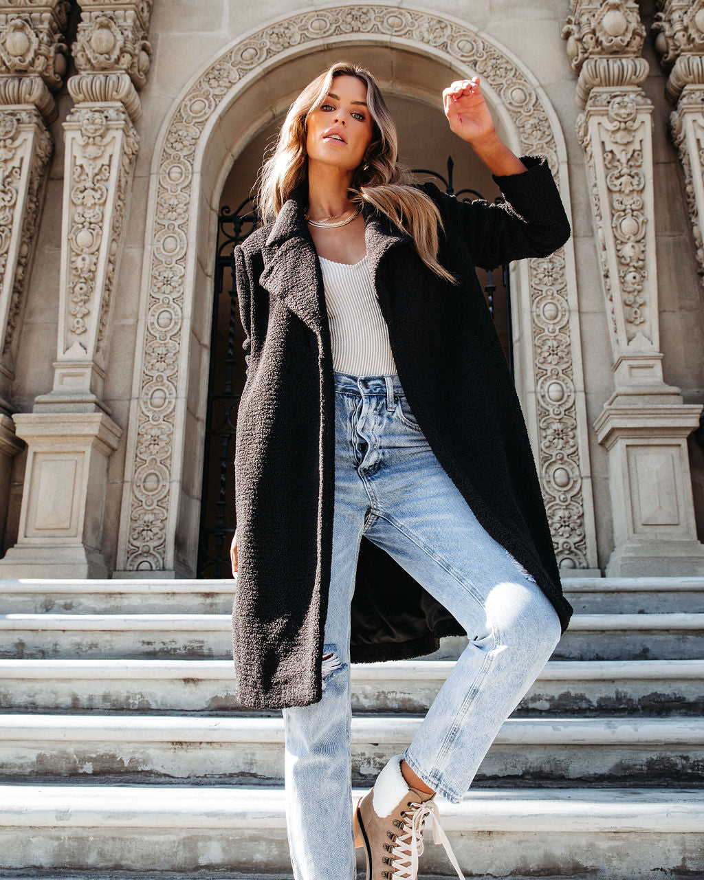 Living And Dreaming Pocketed Teddy Coat - Black