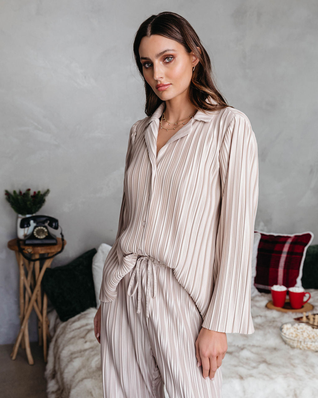 Hey Honey Plisse Button Down Top - Beige