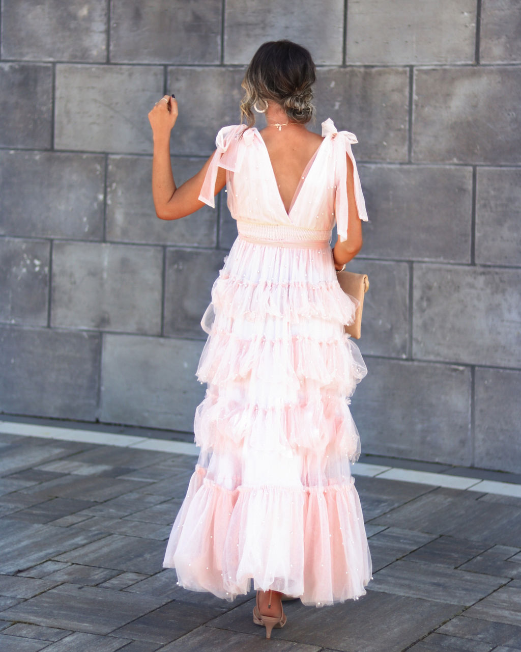 Under The Eiffel Tower Tulle Pearl Tiered Maxi Dress - Blush